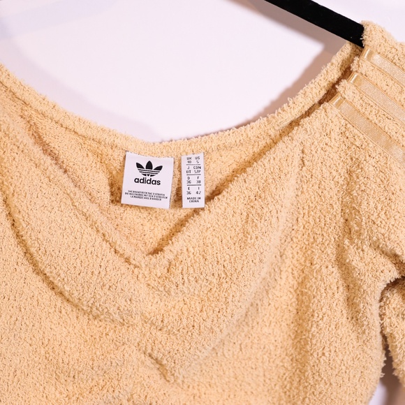 Adidas Originals Relaxed Fluffy Knit Stretch Ruched Cropped Top Hazy Beige S - Picture 2 of 4